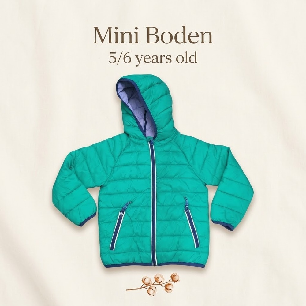 Mini Boden Puffer Jacket Packable Hooded Water Resistant 5-6 YRS Green
